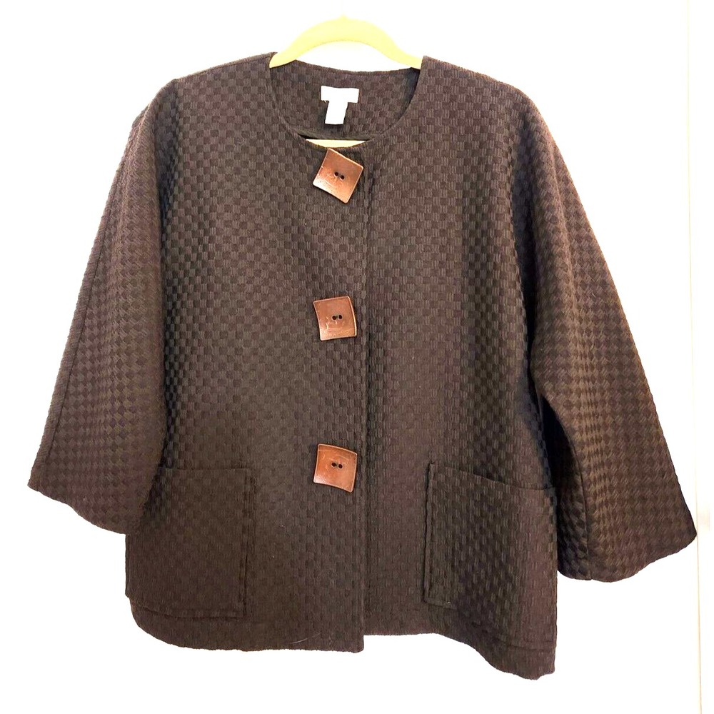 Chico's Dark Brown Waffle Textured Women's Jacket Size 1/Med (8) Wooden Buttons